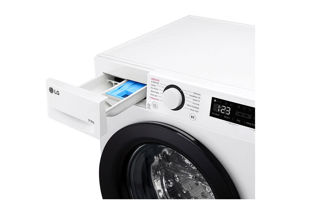 LG 9kg / 6 kg Kombinert vaskemaskin/tørketrommel(Hvit) - Steam, Energiklasse A/D, TurboWash™360, AI DD™, mart Diagnosis™, Detergent port view, F4Y5VRP6WY, thumbnail 5
