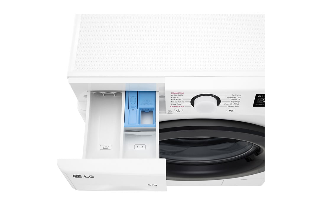 LG 9kg / 6 kg Kombinert vaskemaskin/tørketrommel(Hvit) - Steam, Energiklasse A/D, TurboWash™360, AI DD™, mart Diagnosis™, Detergent port view, F4Y5VRP6WY, thumbnail 6