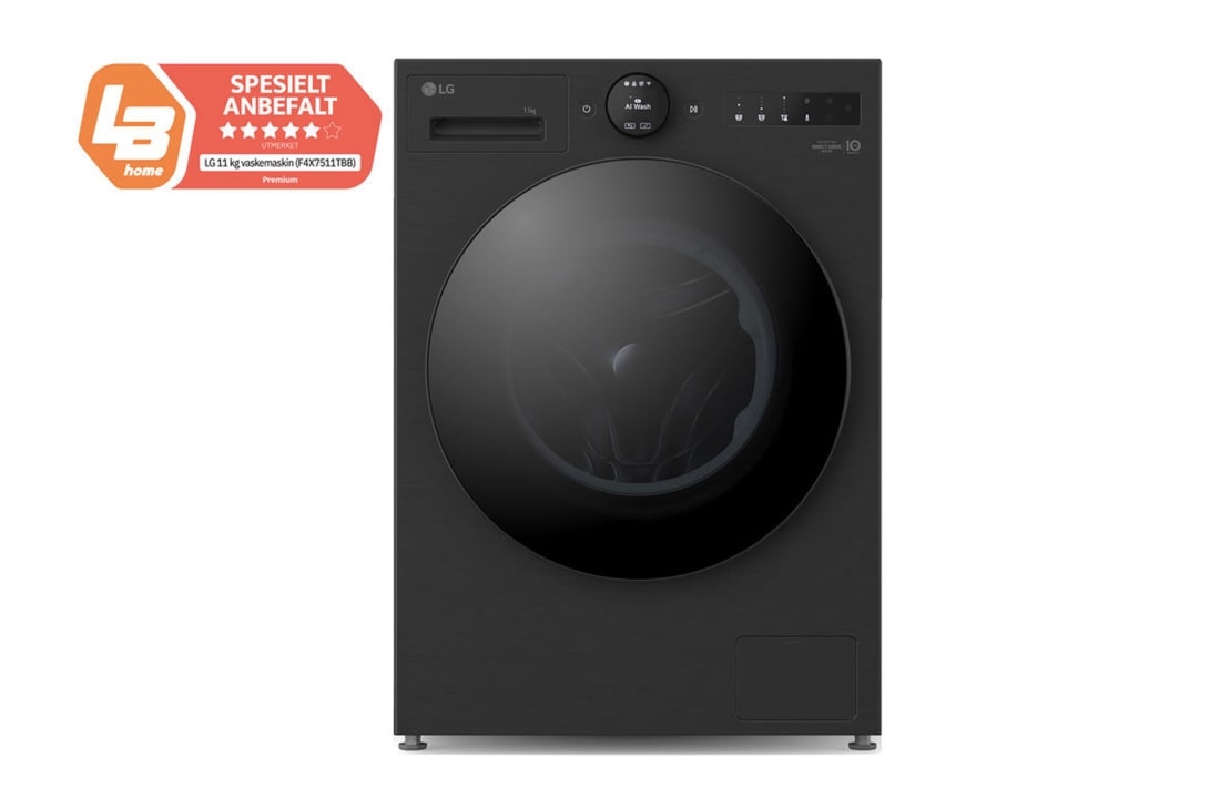 LG 11 kg Vaskemaskin(Svart) - Energiklasse A, LCD-panel, Auto Dose, TurboWash360™, AI DD™, Smart Diagnosis™ med Wi-Fi, front view, F4X7511TBB