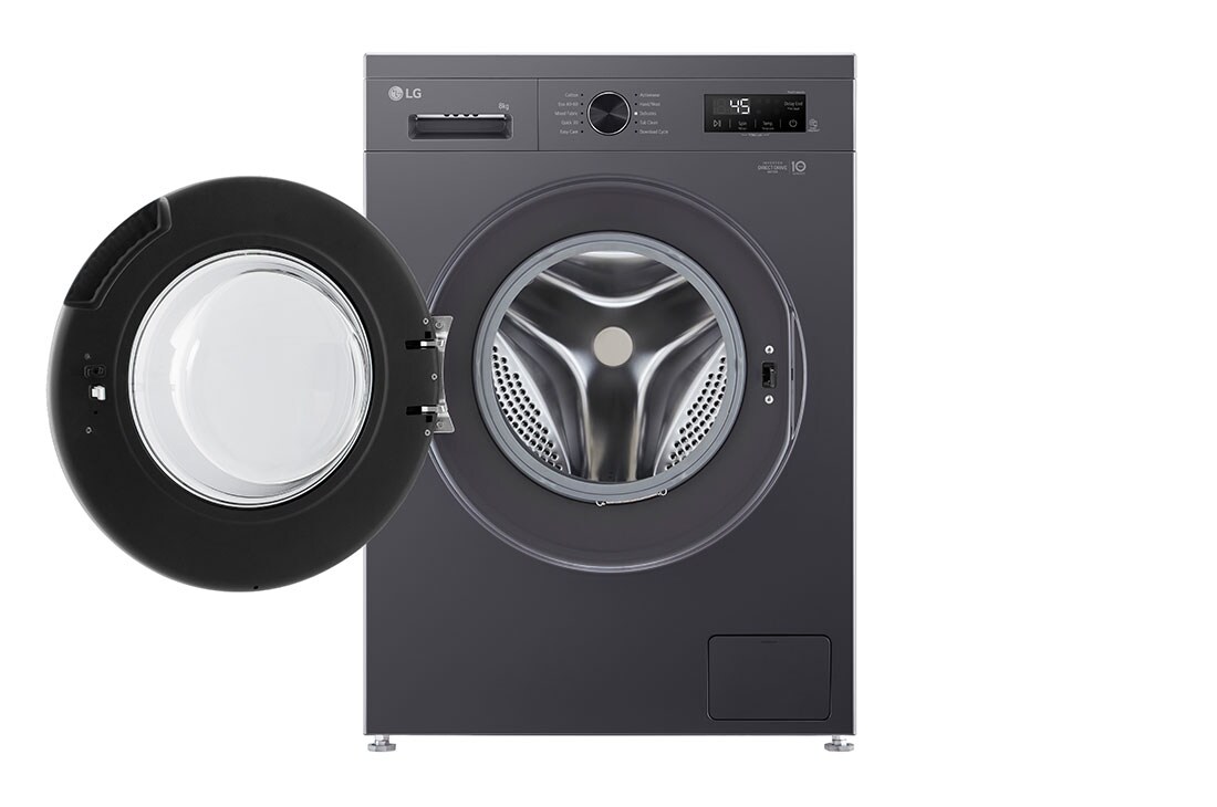 LG 8 kg Vaskemaskin(Essence Black) - Steam, Energiklasse A, 6 Motion DD, Smart Diagnosis™ med Wi-Fi, front open door view, F4X1008NMB, thumbnail 2