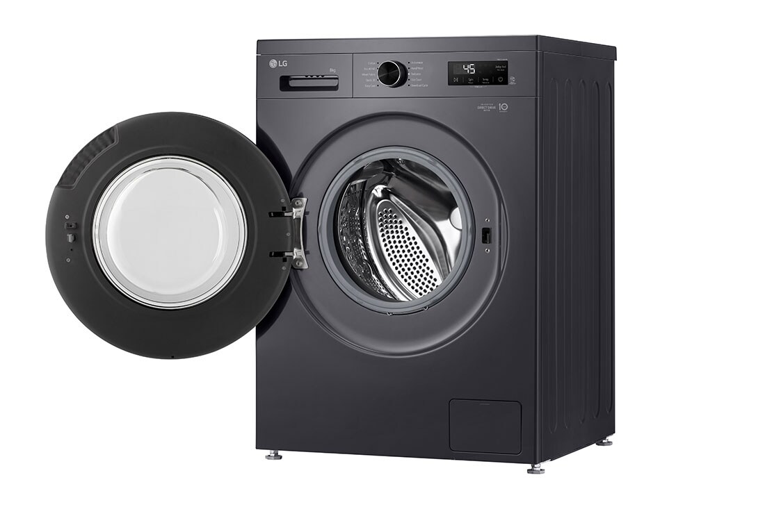 LG 8 kg Vaskemaskin(Essence Black) - Steam, Energiklasse A, 6 Motion DD, Smart Diagnosis™ med Wi-Fi, side door open view, F4X1008NMB, thumbnail 6
