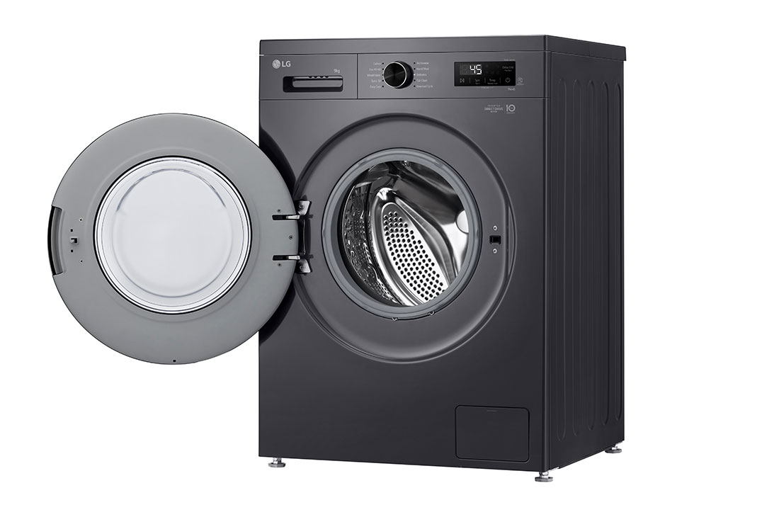 LG 9 kg Vaskemaskin(Essence Black) - Steam, Energiklasse A, 6 Motion DD, Smart Diagnosis™ med Wi-Fi, side door open view, F4X1009NMK, thumbnail 6