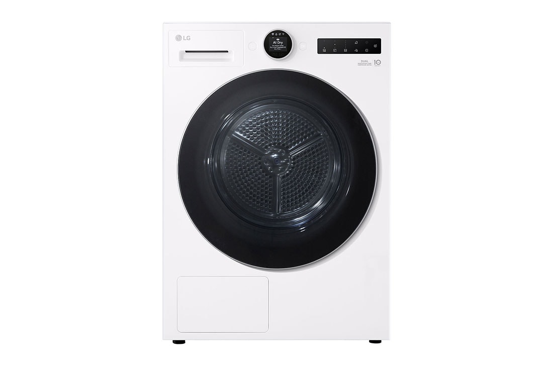 LG 9-kg DUAL Inverter Heat Pump™ Tørketrommel med Eco Hybrid™og Varmepumpeteknologi, front view, RHX7009TWS