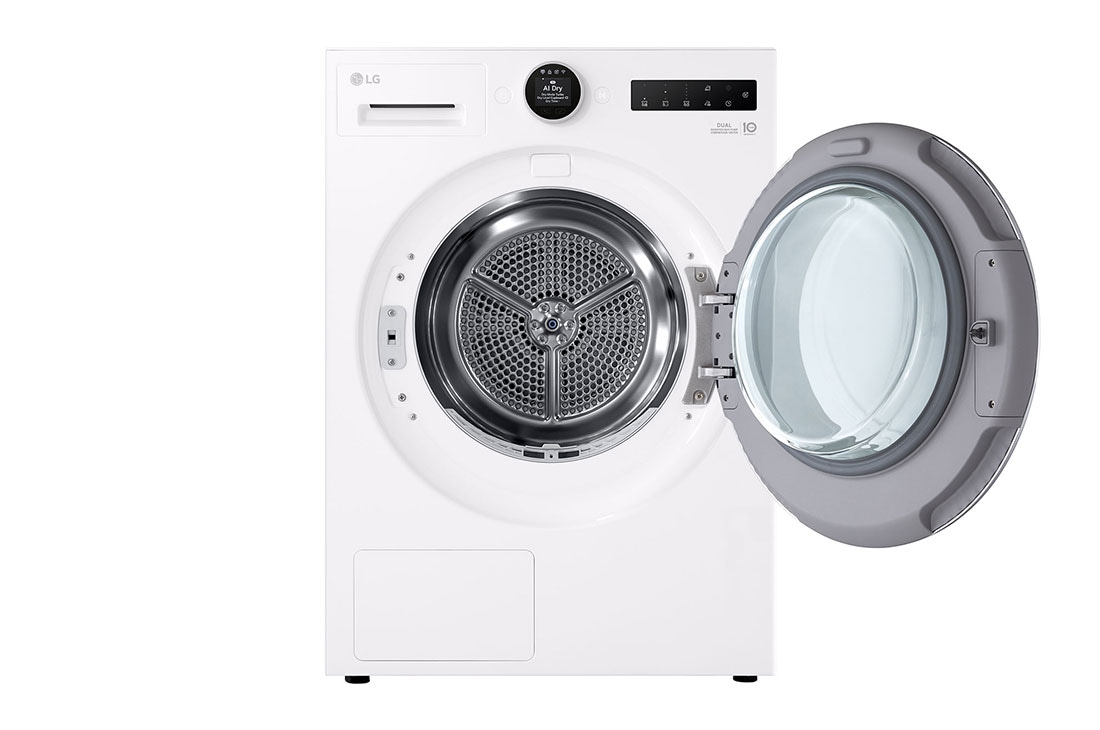 LG 9-kg DUAL Inverter Heat Pump™ Tørketrommel med Eco Hybrid™og Varmepumpeteknologi, front open view, RHX7009TWS, thumbnail 3