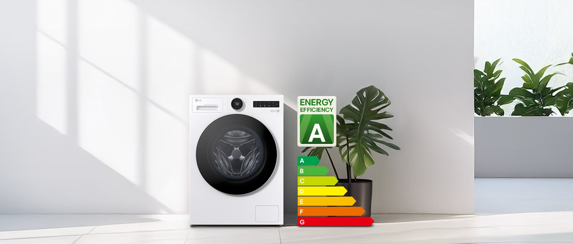 LG hvit vaskemaskin med tørketrommel står mot en hvit vegg med en energietikett i klasse A, en graf og planter på høyre side.