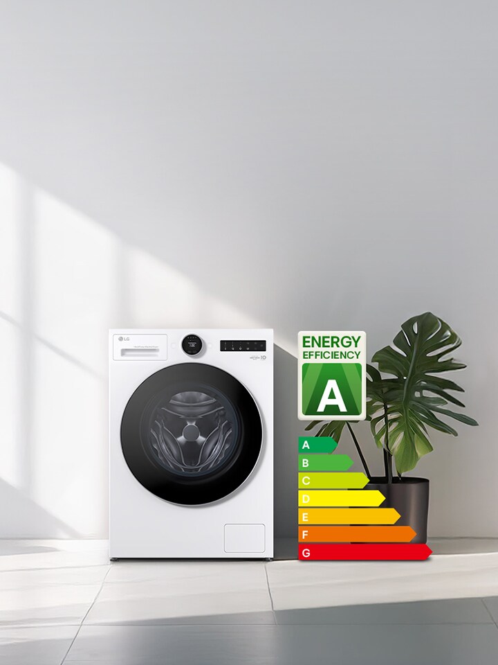LG hvit vaskemaskin med tørketrommel står mot en hvit vegg med en energietikett i klasse A, en graf og planter på høyre side.