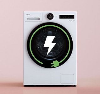 LG hvit frontmatet vaskemaskin med tørketrommel (F4X9EUP25M) viser en grønn energigrafikk med et lynsymbol inne i trommelen