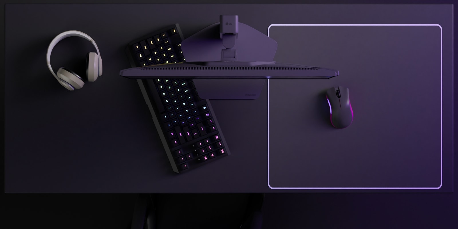 UltraGear G5 spillskjerm (25G590B) designet for konkurransedyktig esport med et kompakt stativ som frigjør plass på skrivebordet til tastatur og mus