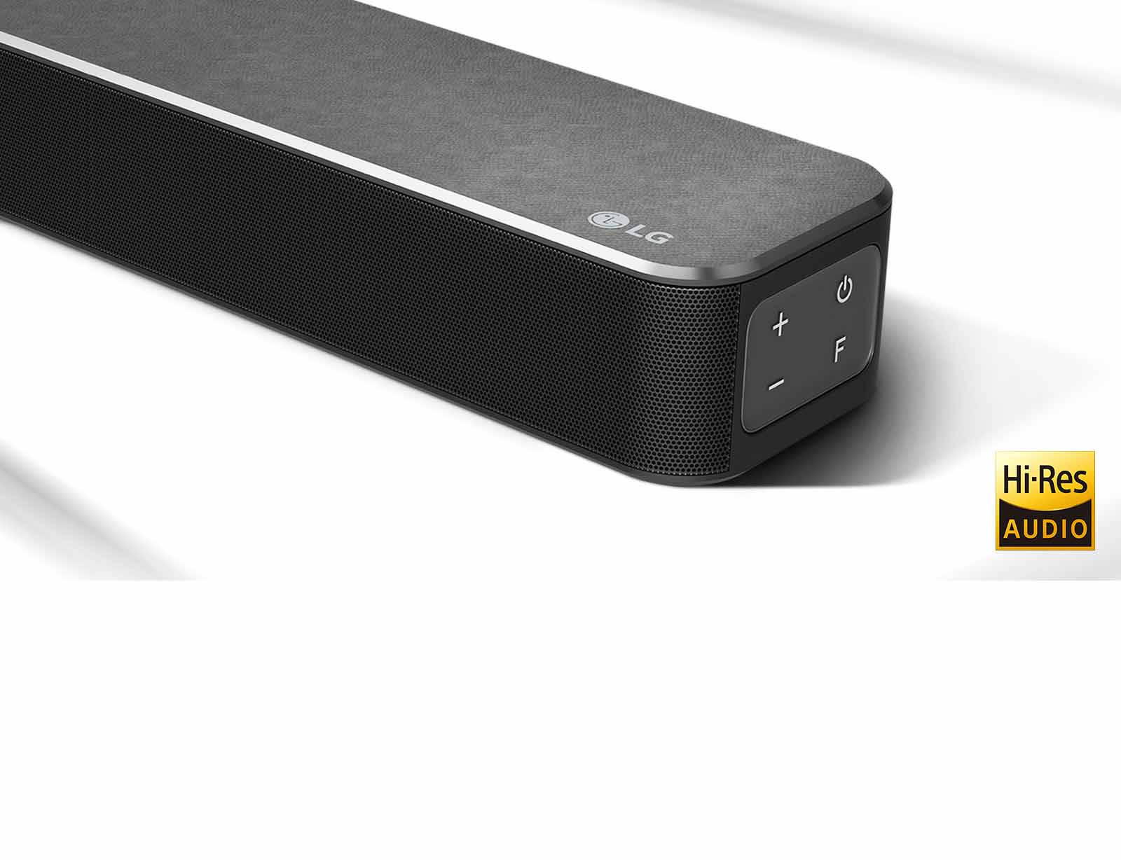 Close-up right side of LG Soundbar with LG logo shown on the bottom right corner. Hi-Res logo is shown below the product. 