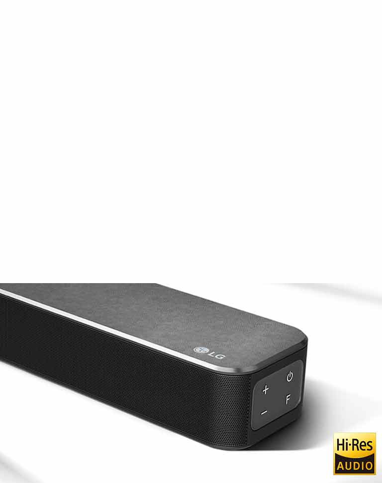 Close-up right side of LG Soundbar with LG logo shown on the bottom right corner. Hi-Res logo is shown below the product. 