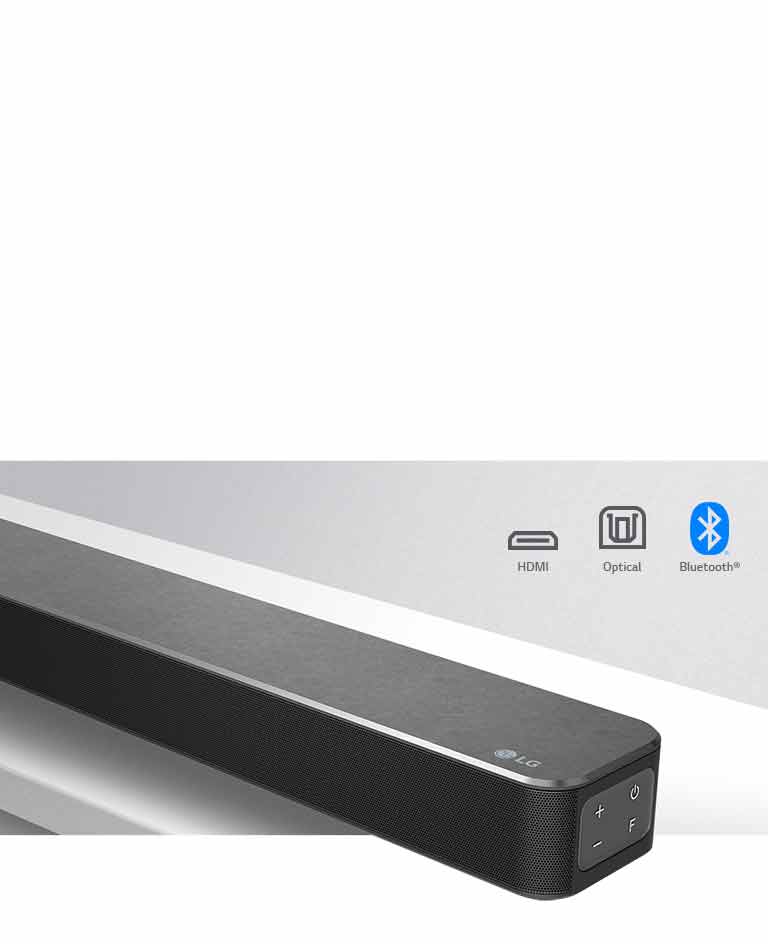 Close-up LG Soundbar right side with LG logo on the bottom right corner. Connectivity icons shown above the product.