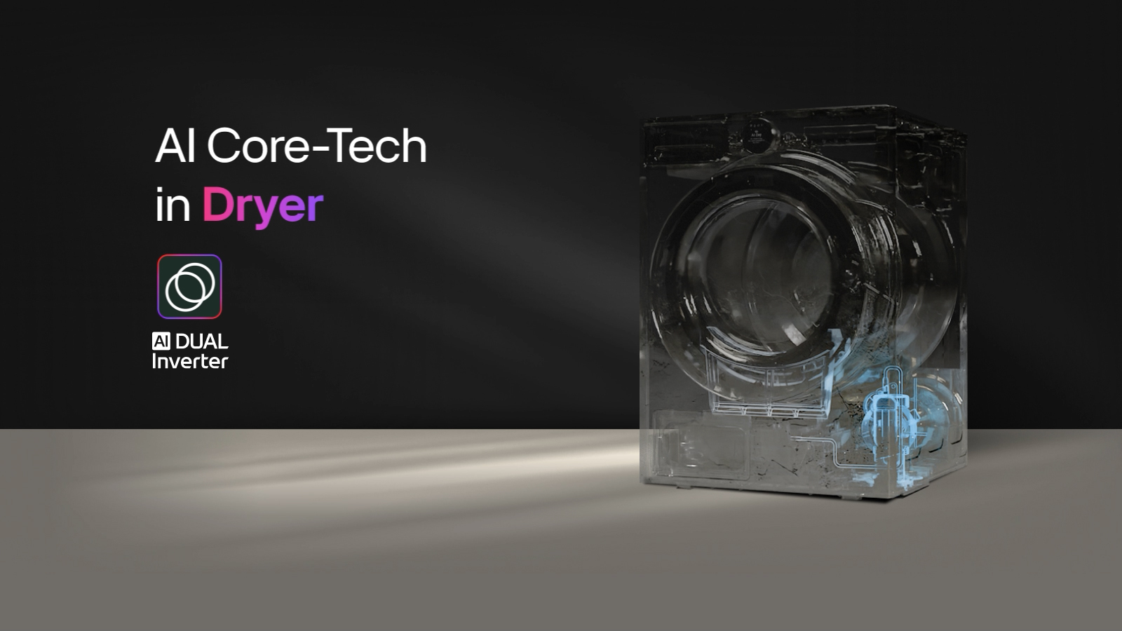 An LG dryer is shown with a transparent view of the AI Dual Inverter component, along with the title "AI Core-Tech in Dryer" and the AI Dual Inverter emblem, featuring a 'D' at the center surrounded by two arrows forming a loop, are displayed against a dark background with a pink and purple border.