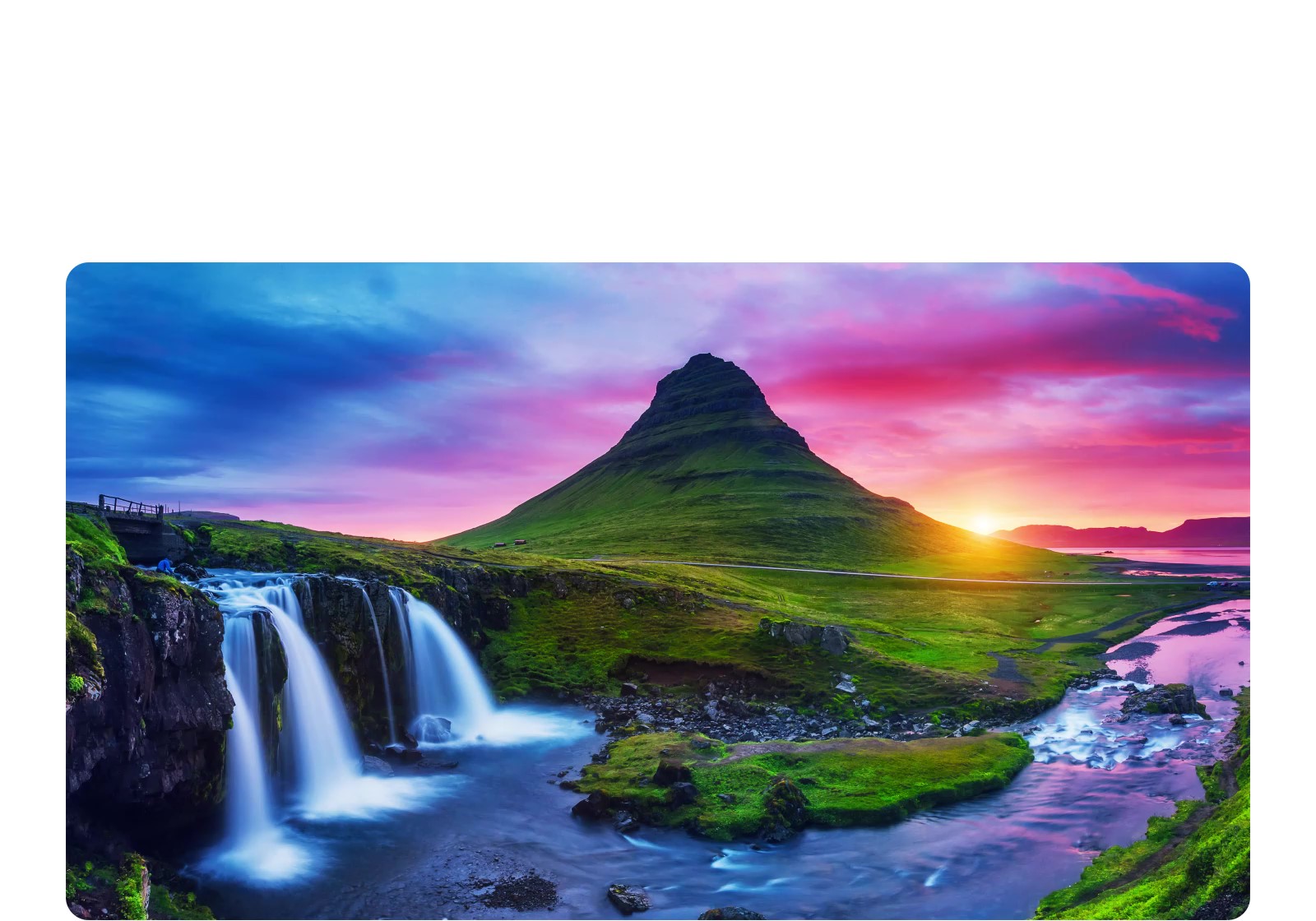 A gallery featuring 6 images of hot air balloons in the sky are shown. Two images are selected. Next, a gallery featuring 6 images of people blowing bubbles appears. 2 more are selected. A black screen appears with a pink and purple loading icon. A mystical landscape appears, and refinements appear gradually from left to right.	