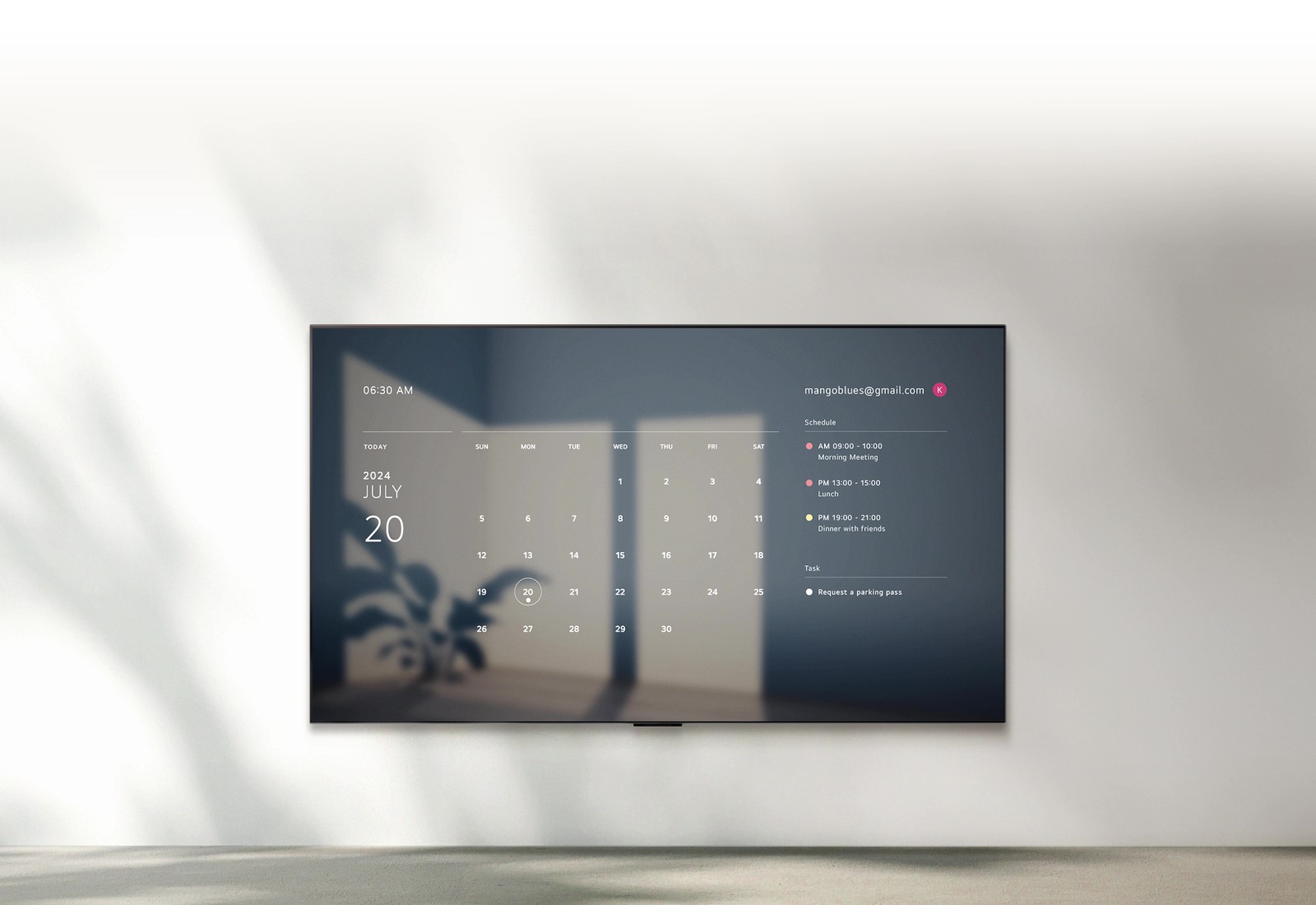 An LG TV displays an image of a sunrise with the time, date, weather, and temperature, and the text "Good morning." A speech bubble with the text "Hi LG" fades in and out, followed by a speech bubble with the text "Show me this week's schedule." The screen fades to a display showing a Google calendar and daily schedule.	