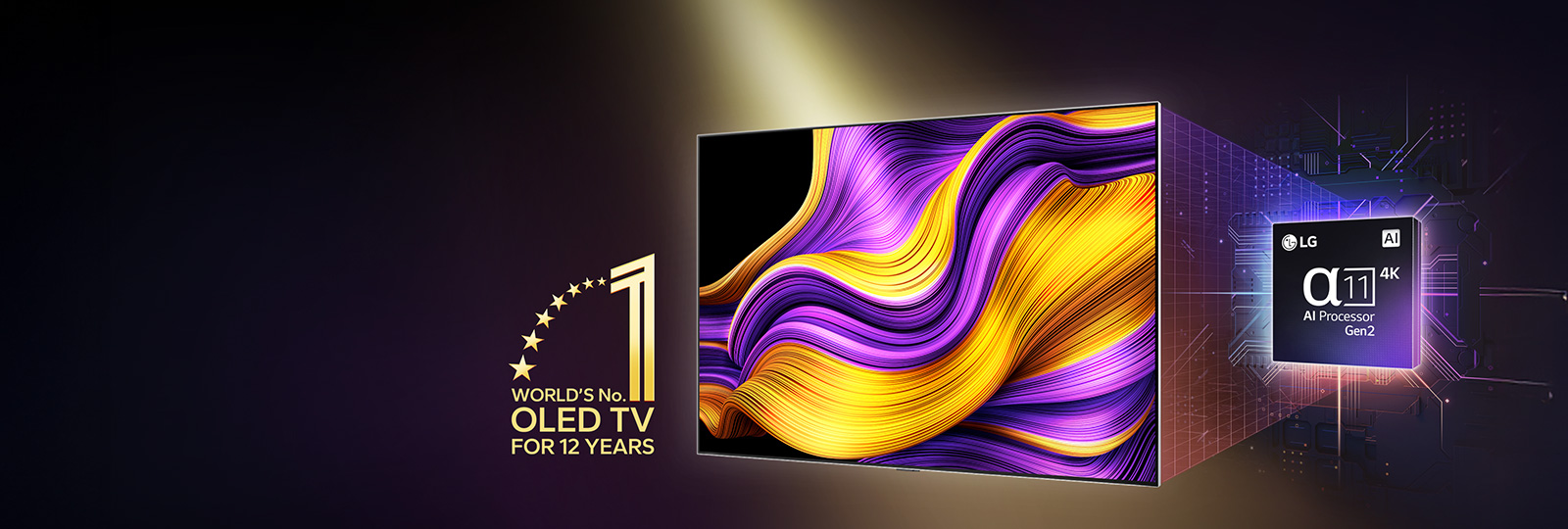 LG OLED TV with a colorful abstract artwork on its screen and the alpha 11 AI Processor Gen2 highlighted behind it. Bright lights erupt from the processor and TV showcasing its advanced technology. The world's number one OLED TV for 12 years emblem is also visible.