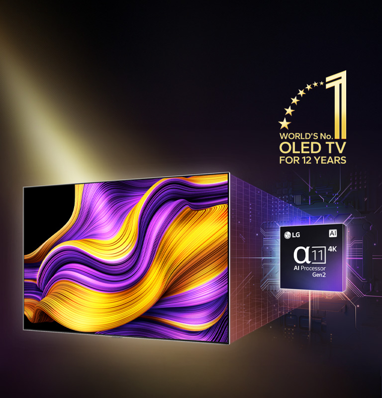 LG OLED TV with a colorful abstract artwork on its screen and the alpha 11 AI Processor Gen2 highlighted behind it. Bright lights erupt from the processor and TV showcasing its advanced technology. The world's number one OLED TV for 12 years emblem is also visible.