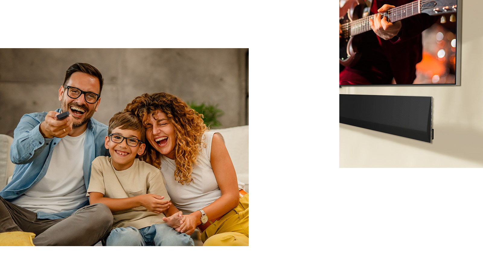 Two women sitting on a sofa eating popcorn. A close-up side angle of the bottom right corner of a wall-mounted LG TV and an LG Soundbar mounted on the wall underneath.