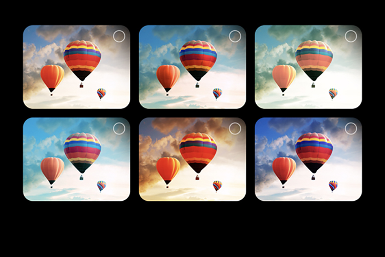 A gallery featuring 6 images of hot air balloons in the sky are shown. Two images are selected. Next, a gallery featuring 6 images of people blowing bubbles appears. 2 more are selected. A black screen appears with a pink and purple loading icon. A mystical landscape appears, and refinements appear gradually from left to right.