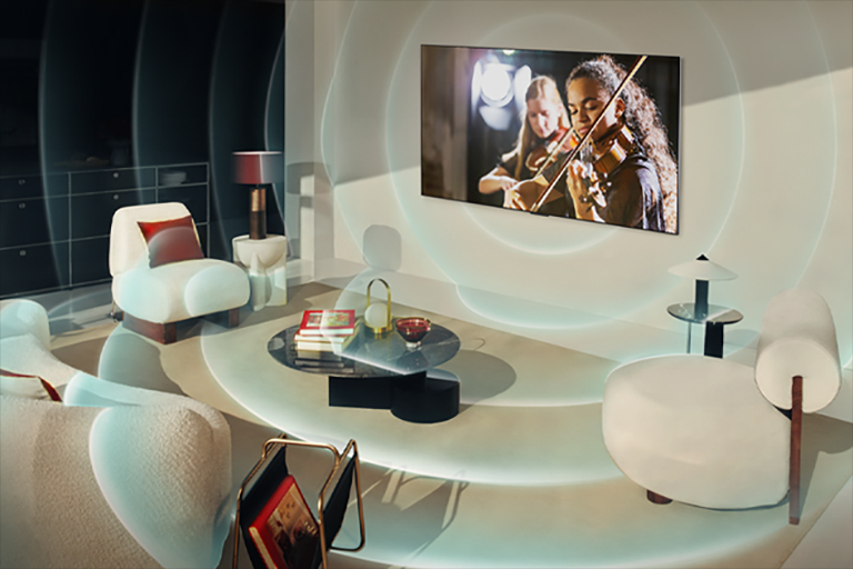An LG TV is mounted on a living room wall, and bright circles emanate from the TV around the room depicting the soundscape.