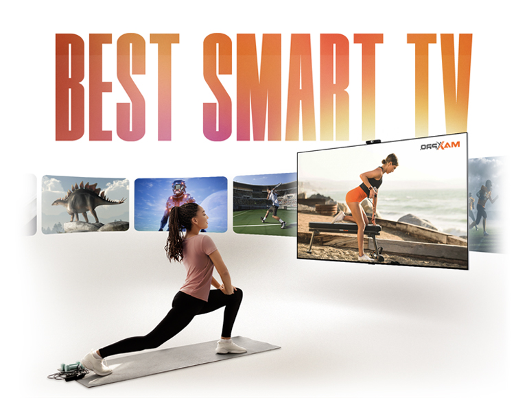The words 'BEST SMART TV' in an orangey-yellow gradient pattern above a woman exercising on a mat in front of an LG TV. A variety of other channels are shown to the side of the LG TV in rounded rectangle graphics. 