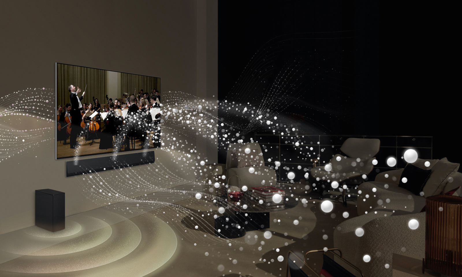 LG Soundbar, LG TV and a subwoofer are in a living room playing a classic musical performance. White droplets make waves of sound that shoot upwards and forward from the soundbar and project from the TV. A subwoofer is creating a sound effect from the bottom.