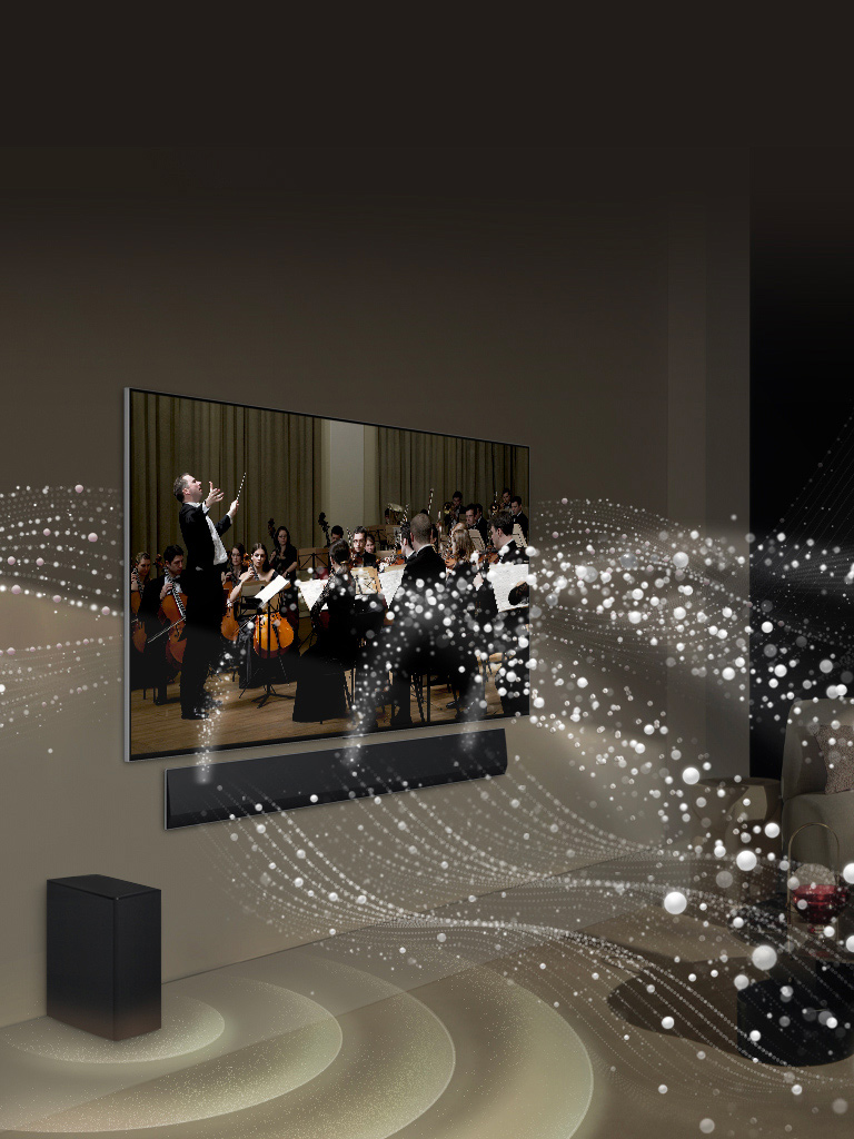 LG Soundbar, LG TV and a subwoofer are in a living room playing a classic musical performance. White droplets make waves of sound that shoot upwards and forward from the soundbar and project from the TV. A subwoofer is creating a sound effect from the bottom.