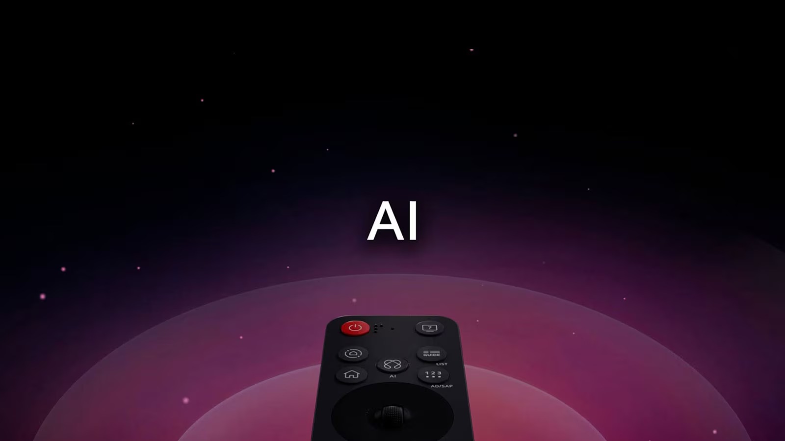 LG AI Magic Remote with the AI button highlighted. There is a graphic UI representation with icons of how the AI button allows users to access different AI functionality. The services include AI Voice ID, AI Search, AI Chatbot, AI Concierge, AI Picture Wizard, and AI Sound Wizard. Functionality is then showcased as the cursor appears over an interface, showing how the remote cam be used like an air mouse to just point and click.