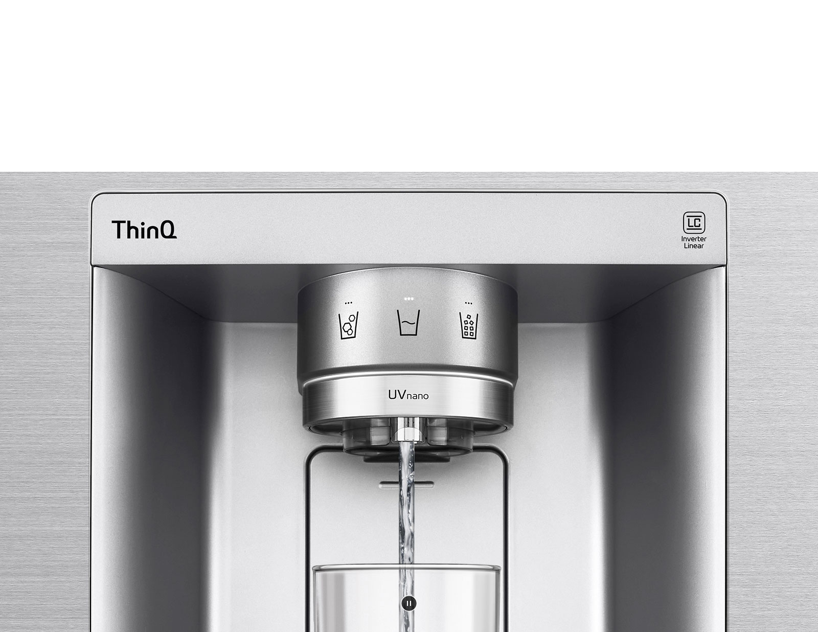 A video starts with a dark cloud floating around the "Pure N Fresh" panel in the refrigerator. Suddenly everything is sucked into the panel and a bright light flashes across the panel. 