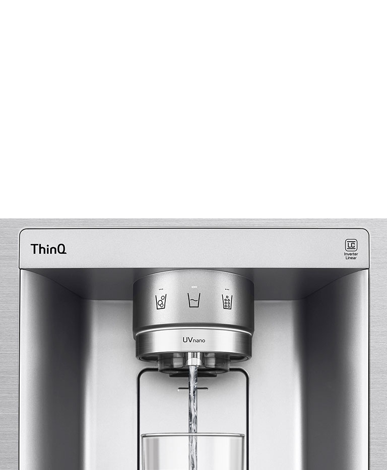 A video starts with a dark cloud floating around the "Pure N Fresh" panel in the refrigerator. Suddenly everything is sucked into the panel and a bright light flashes across the panel. 