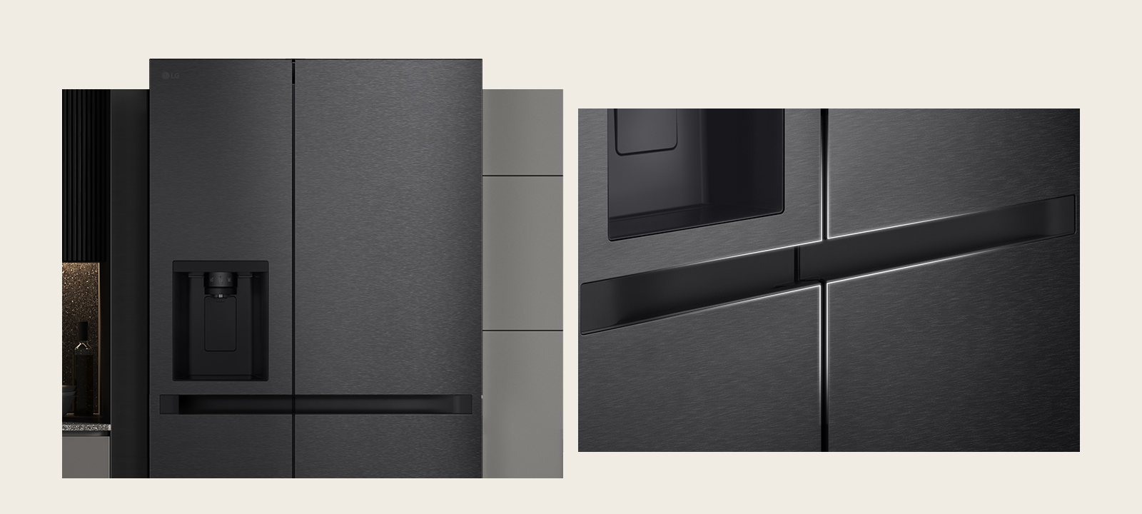 The refrigerator with a black and luxurious kitchen interior was installed in the kitchen to express the total product design.
