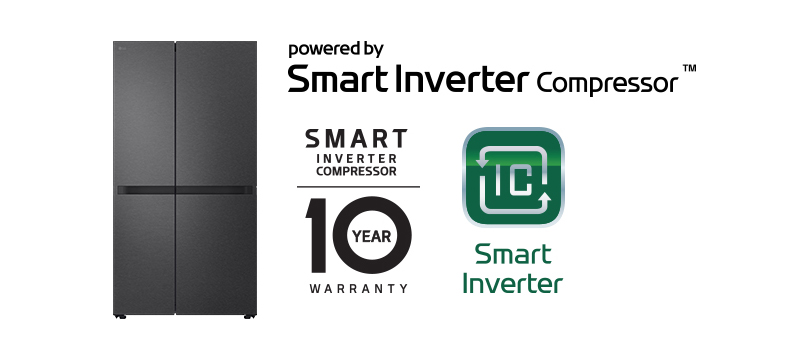 Product image with Smart Inverter Compressor™ Logo and 10 year warranty Logo.