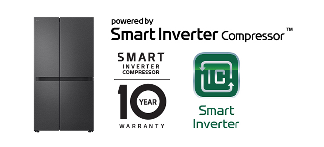 Product image with Smart Inverter Compressor™ Logo and 10 year warranty Logo.