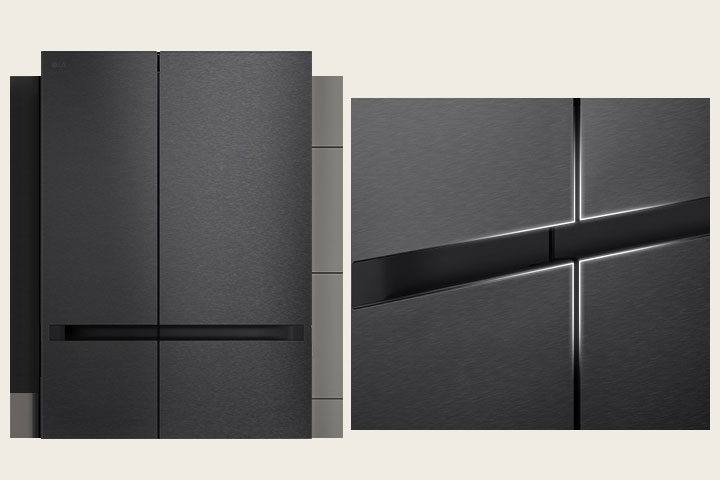 The refrigerator with a black and luxurious kitchen interior was installed in the kitchen to express the total product design.