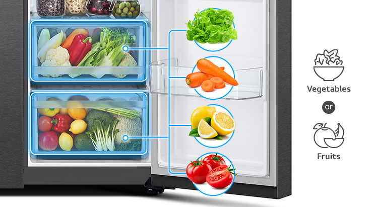 The 2 baskets below the refrigerator can store approximately 2 sorts of foods, which are veggies and fruits