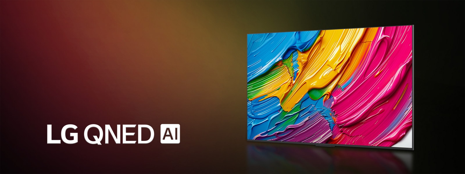 LG QNED TV against a colorful dark background. On the screen is a bright and colorful artwork that showcases QNED's color technology and ability to display a wide spectrum of hues with great contrast. LG QNED AI logo is visible. Title reads, Every Color Redefined with Dynamic QNED Color.