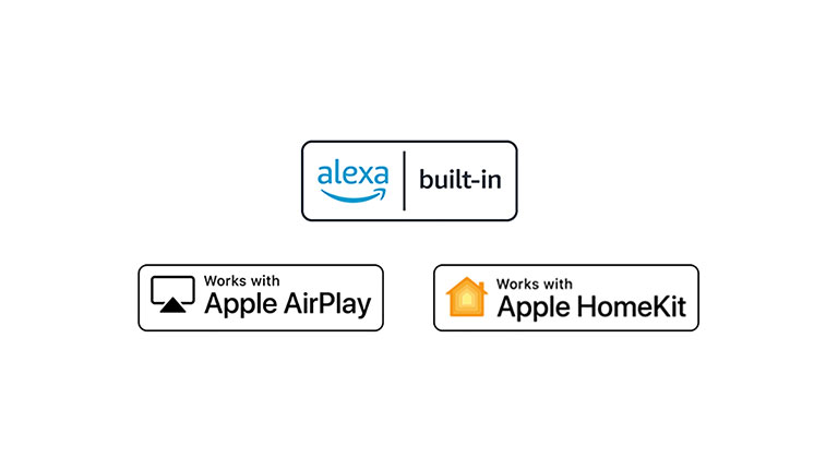 Details showing logos of Hey Google, alexa, Apple Airplay, and Apple HomeKit in which ThinQ AI is compatible with.