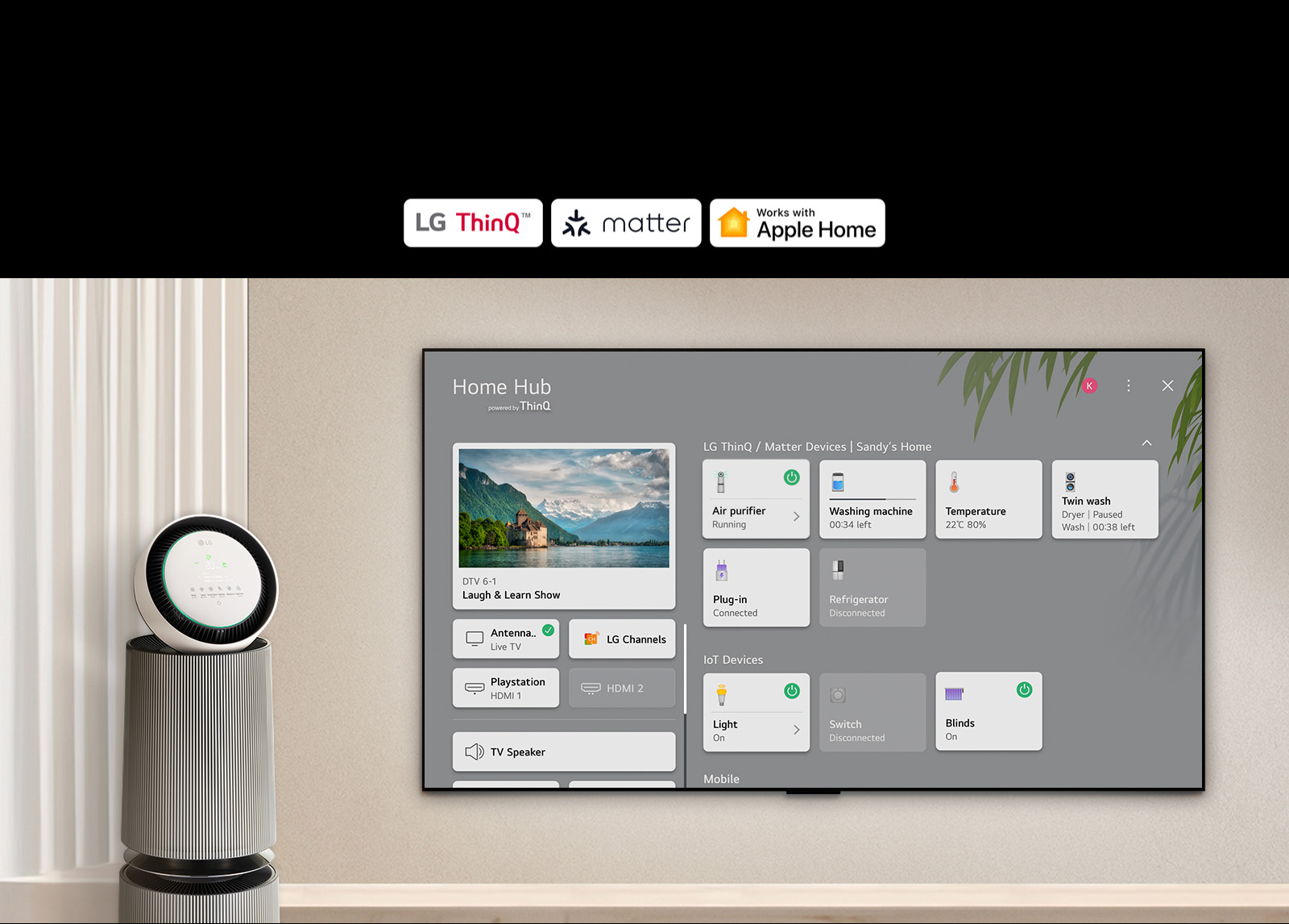 A logo of LG ThinQ™, matter, and Apple Home.  An LG TV mounted on a wall and an LG PuriCare™ Objet Collection 360° on the left. The TV displays Home Hub and a cursor clicks "Air purifier" and the LG PuriCare™ Objet Collection 360° is activated. 
