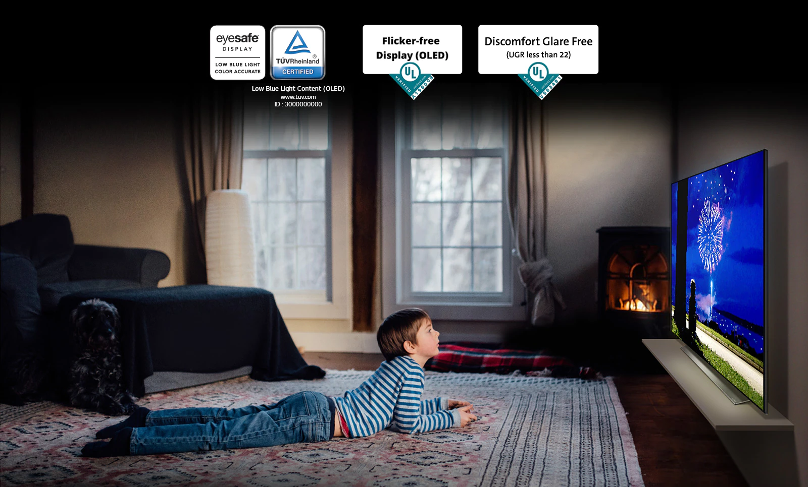 "This is the card describing the ""Eye Comfort Display"". This is a scene of a boy watching TV in a prone position. Four logos have been placed for ""Eye Comfort Display"" certification."