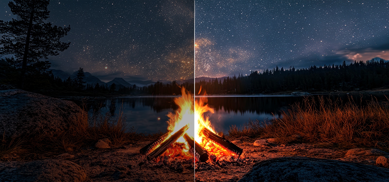 Campfire at night in the middle of nature. In the distance is a forest and lake. The evening sky is filled with stars. The scene is split in half. On one side, it showcase the impressive brilliance from Brightness Booster. On the other side, it's darker and grayer. 