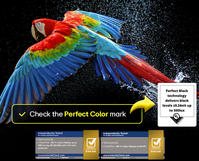 Colorful parrot in ultra-high definition against a black background. Water drops are suspended in the air all around it. The image showcases Perfect Color as each different hue on the parrot's body is vibrant and vivid. Different logo certifications from UL and Intertek are visible. These refer to 100% Color Fidelity and 100% Color Volume. Text is also visible, check the Perfect Color certification mark.