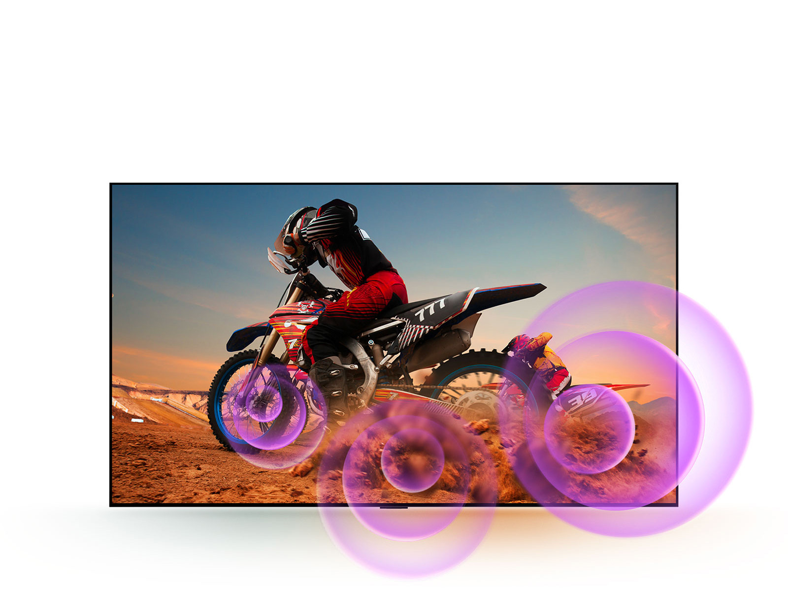 LG OLED TV depicts a man on a motorcycle with purple abstract circles coming out of the wheel to visualize sound emission.