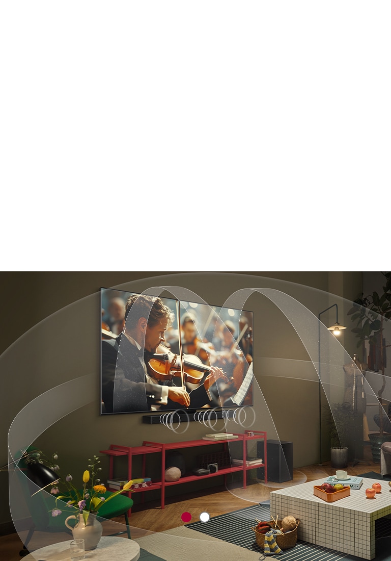 Living room with an LG OLED TV and LG Soundbar with graphics representing how both devices fill the space with multi-surround sound.
