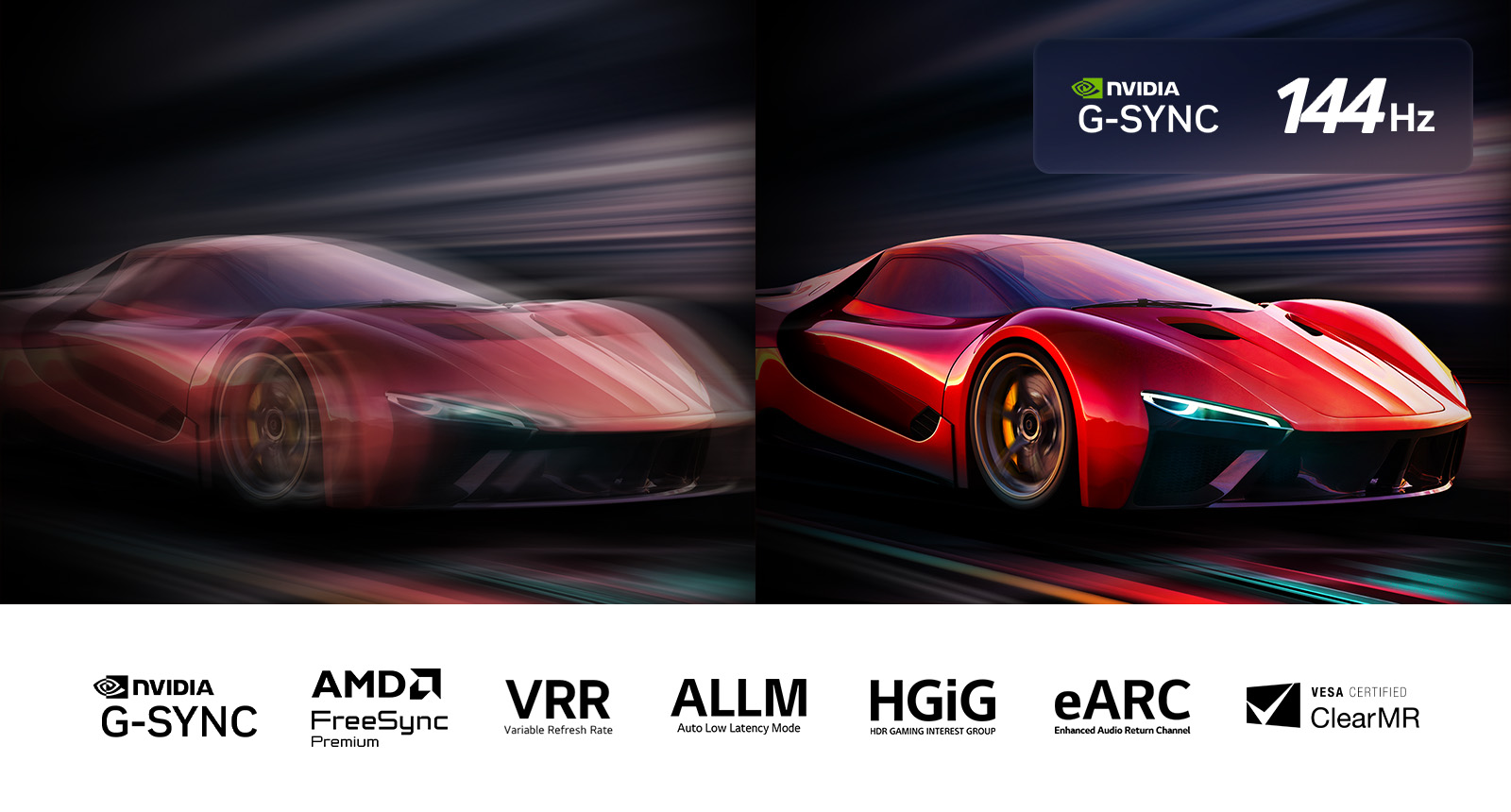 Two images of a car in a video game side-by-side. One shows a lot of motion blur. The other is sharp and in-focus showing the high frame rate of LG OLED TV. Nvidia G-Sync logo, 144Hz logo, and other relevant certifications are visible. 