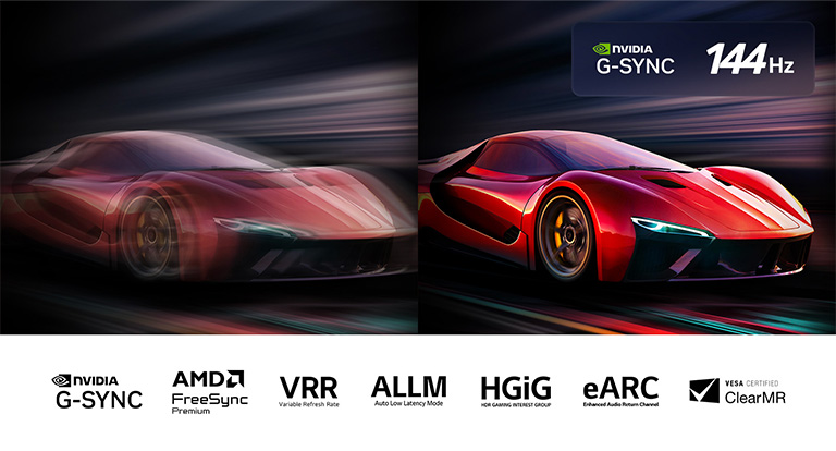 Two images of a car in a video game side-by-side. One shows a lot of motion blur. The other is sharp and in-focus showing the high frame rate of LG OLED TV. Nvidia G-Sync logo, 144Hz logo, and other relevant certifications are visible. 