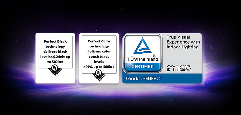 UL-verified and TÜV-certified logos shown for Perfect Black and Perfect Color display features.