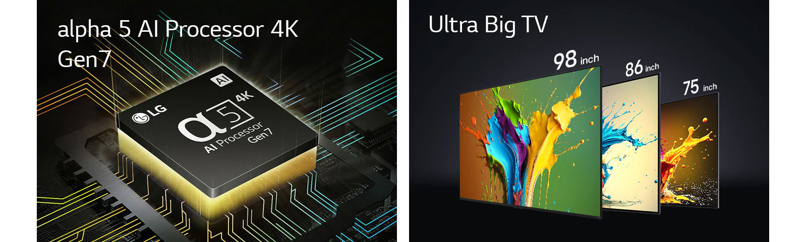 The alpha 5 AI Processor 4K Gen7 is shown with yellow light emanating from underneath. A red, yellow and purple spiral shape is shown between the words "Upgradeable webOS" and "webOS Re:New Program". LG QNED89, QNED90 and QNED99 TVs are shown in order from left to right. Each TV shows a colorful splash and the words "Ultra Big TV" are shown above the TVs.