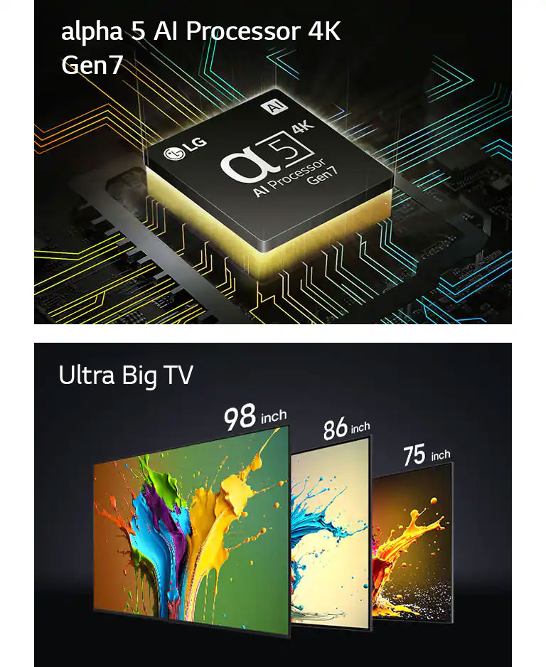 The alpha 5 AI Processor 4K Gen7 is shown with yellow light emanating from underneath. A red, yellow and purple spiral shape is shown between the words "Upgradeable webOS" and "webOS Re:New Program". LG QNED89, QNED90 and QNED99 TVs are shown in order from left to right. Each TV shows a colorful splash and the words "Ultra Big TV" are shown above the TVs.
