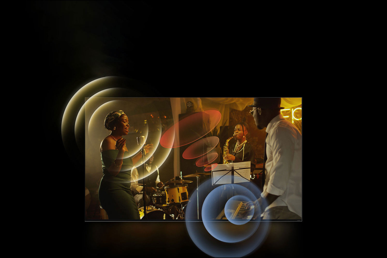 An image of an LG TV showing musicians performing, with bright circle graphics around the space.