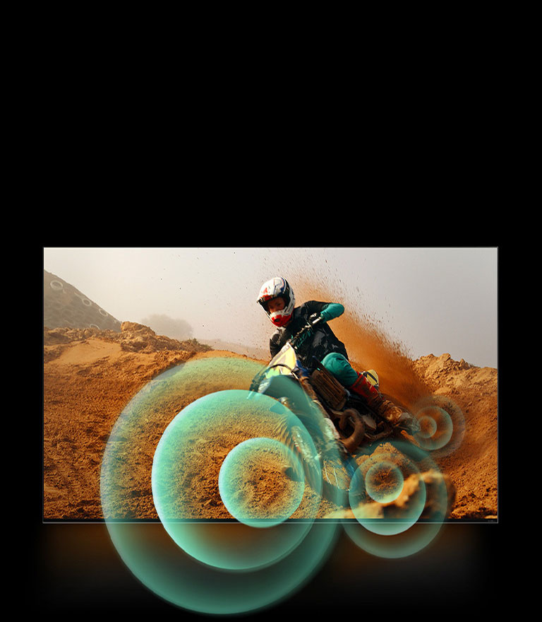 An image of a man riding a motorbike on a dirt track with bright circle graphics around the motorbike.
