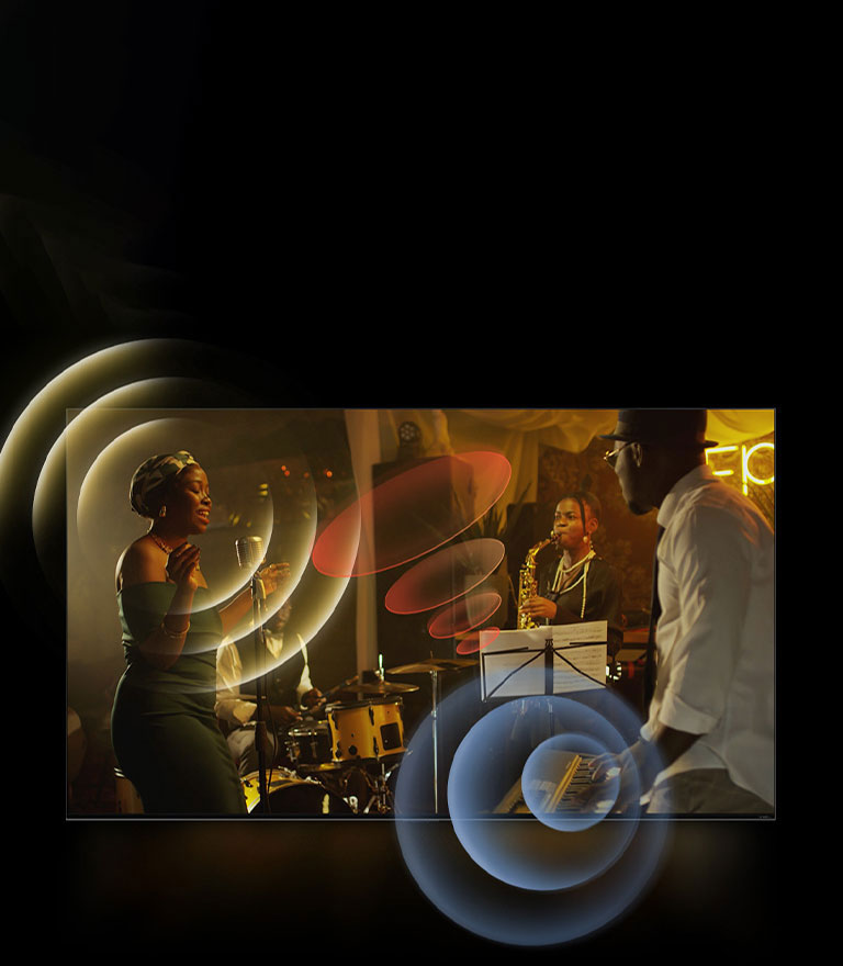 An image of an LG TV showing musicians performing, with bright circle graphics around the space.